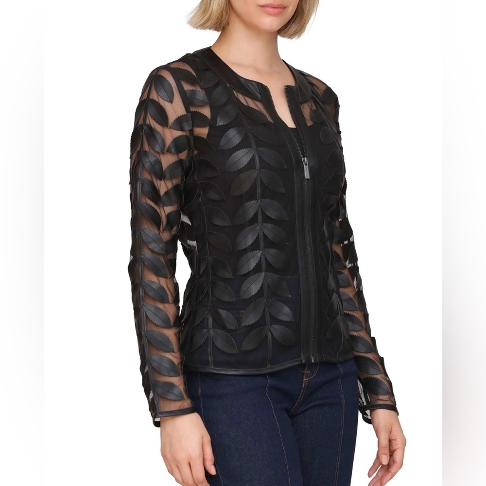 bagatelle Black Sheer Leaf-Pattern Zip Front Jacket sz M orig $100